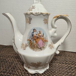 Vintage Japanese Elegant White and Gold Teapot with Romantic Scene courting